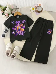 Girls' Knit Set T-Shirt + Straight Leg Pants, New Cartoon Print, Casual Outdoor Sports Wear, Suitable for Girls Ages 8 and Below