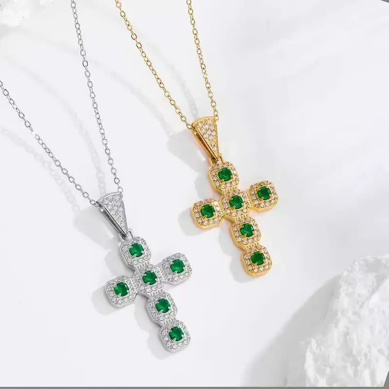 14K Gold Plated Green CZ Cross Necklace, Women's Elegant Green Rhinestone Decorated Cross Pendant Necklace, Streetwear Fashion Collar Chain Jewelry, Ideal Gift for Everyday Wear men's free kiss season