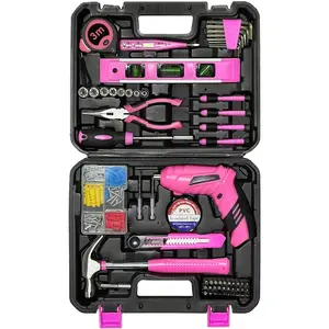 Toolbox Essentials for Women Girls Starter DIY Drilling Kit with Cordless Power Tools, Electric Drill, Hammer,  Sets, Mini Hand Tools, and Combo Bits for  Repair Household
