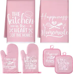 6 Pcs Kitchen Decor Accessories Set Farmhouse Towels Pot Holders Oven Mitts Set 2 Dish Towels 2 Potholders 2 Cooking Mittens Oven Glove for Christmas Baking Cooking Supply Pink Kitchen Microfiber & Polyester Cotton Bakeware Hanging