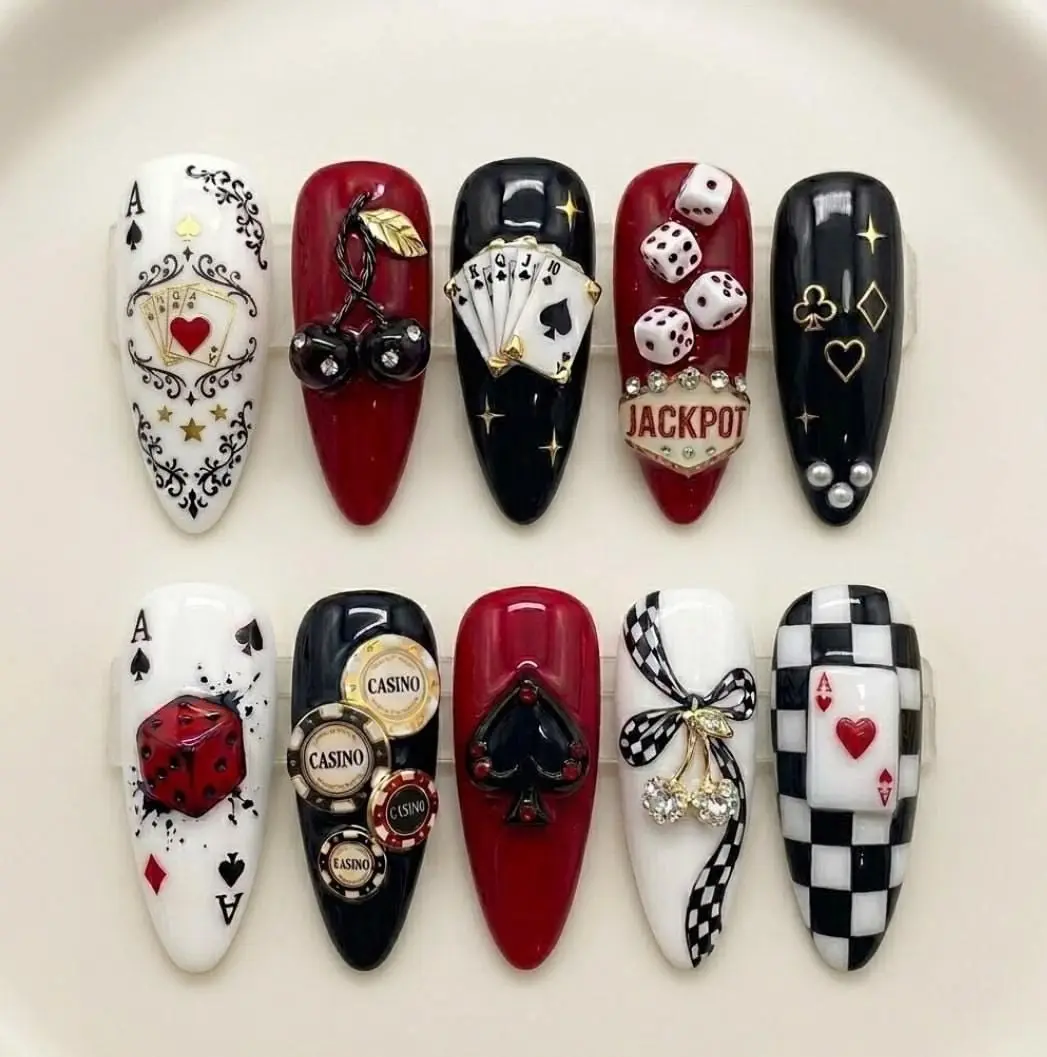 Handmade 3D Press On Nails Casino Night Theme Custom False Nails Las Vegas Almond Nails With Dice Poker Jackpot Charm