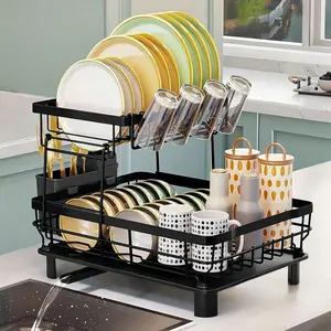 2 Tier Dish Drying Rack Dish Racks for Kitchen Counter Metal Dish Drainers with Knife Cup Utensil Holder,Valentine's Day Gift ,Black