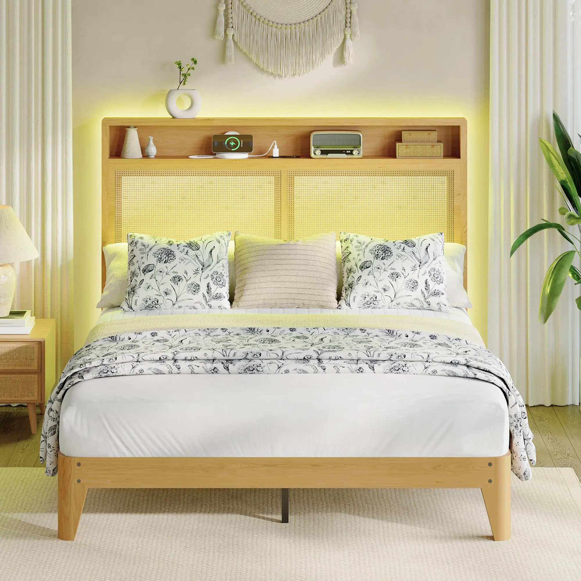 GARVEE Rattan Queen Bed Frame with Natural Rattan Headboard,Bohemian King Bed Frame with LED Lights & Charging Station,2 Tier Storage Headboard,Under Bed Storage,No Box Spring Needed
