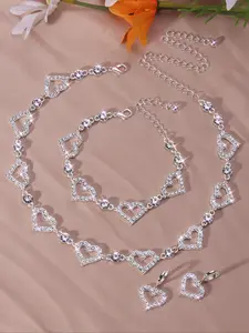 Women's Elegant Rhinestone Decorated Heart Design Matching Jewelry Set, 1 Set Trendy Exquisite Dangle Earrings & Necklace & Chain Bracelet, Chic Gorgeous Jewelry Set As Gift for Girlfriend