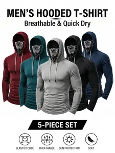 5 Pack Men's UPF 50+ Sun Protection Hoodies, Long Sleeve Moisture Wicking Shirts with Face Mask for Fishing