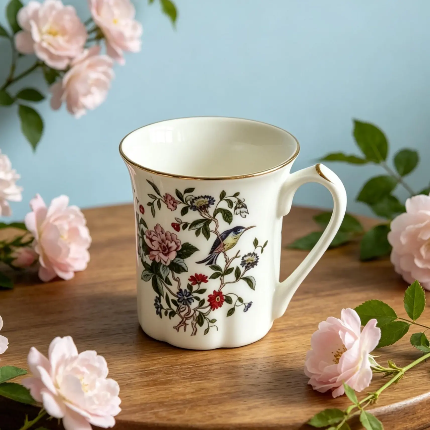 Aynsley British Fine Bone Ceramic Pembroke Teacup - 1-Piece Steford Shape Cup & Saucer Set, Birds & Foliage Design, Washable Reusable Kitchen Drinkware for Gifting, Everyday Use, Teacup Cup & Saucer Sets