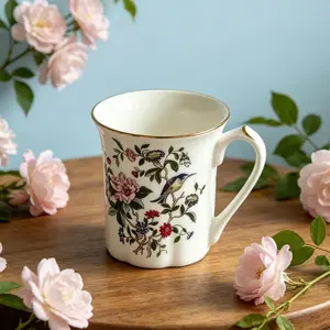 Aynsley British Fine Bone Ceramic Coffee Mug - 1-Piece Steford Shape Pembroke Cup, Birds & Foliage Design, Washable Reusable Elegant Kitchen Drinkware for Gifting & Everyday Use