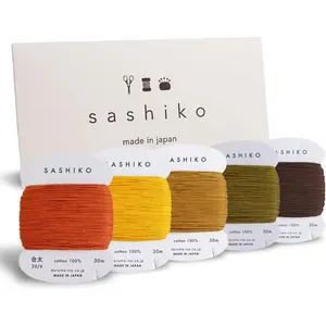 Sashiko Thread 100% Cotton Card Type (32.8 yd) x 5 Colors with English Manual, Sewing & Embroidery Value Set with Gift Package(Thick, Kouyou)