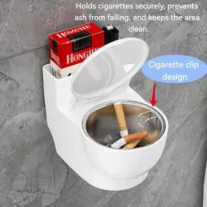 Creative toilet-shaped ashtray with lid, windproof cigarette tray, unique desktop decoration, funny ashtray organizer for office, household and Home use