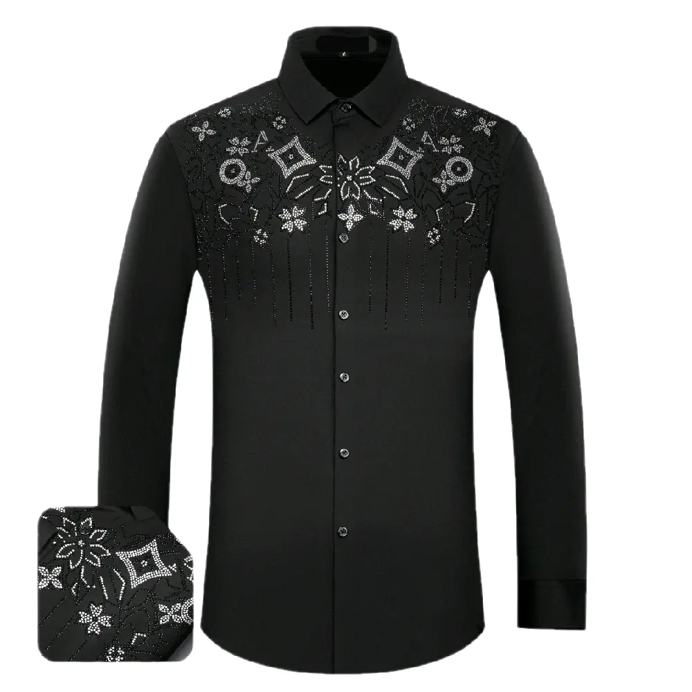 Men's Rhinestone Casual Shirt -  Long Sleeve Shirt Menswear, Slim-Fitting Design for Everyday Wear