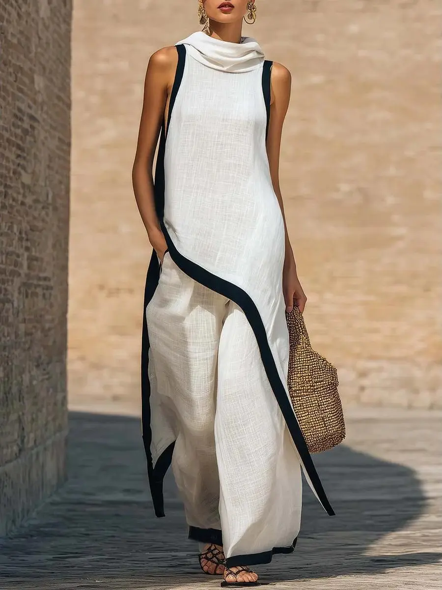 Women's 2-Piece Linen Colorblock Clothes Set - Comfortable Loose-Fit Bohemian Cowl Neck Sleeveless Asymmetrical Longline Top, Below-The-Ankle Wide Leg Pants, Elegant Summer Vacation Casual Outfit, Solid Plain, Cold Wash