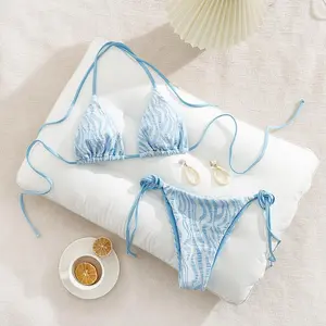 Light Blue Zebra Print Halter Triangle Bikini Swimsuit Set – Cheeky Side Tie Bathing Suit for Summer