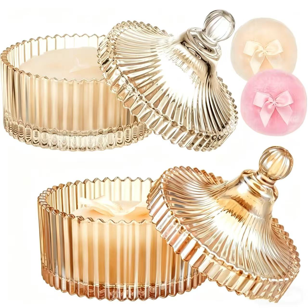 Luxury Soft Velvet Powder Puff & Crystal Glass Container Set, 3.54" Diameter, Washable Reusable Puff for Women Facial & Body Makeup Dusting & Baby Powder Application, Elegant Glass Jar for Jewelry, Candy Storage, Perfect Gift for Ladies