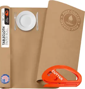IDL Packaging Brown Tablecloth Paper Roll 36" x 1800" (150 feet, 450 sq.ft) with Cutter - USA-Made Natural Poly-Coated Paper Table Runner - 100% Recycled Disposable Kraft Material for Table Covering