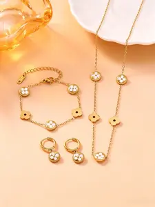 Elegant White Clover Jewelry Set, Gold Tone Stainless Steel Everyday Statement Necklace, Bracelet and Earrings