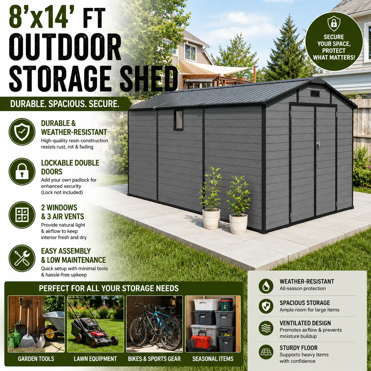Modern Outdoor Storage Shed, 8x14 FT Large Size Tool House from Heavy-Duty Resin Panels with a Lockable Door, Reinforced Floor, and Vents for Natural Light