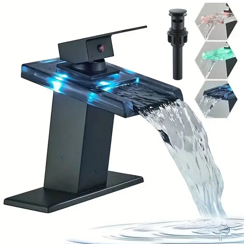 Matte Black LED Bathroom Sink Faucet - Waterfall Design, Single Handle, 1 or 3 Hole Installation, Includes Pop-Up Drain, 2 Hot-Cold Mixing Water Supply Lines, Open Glass Spout