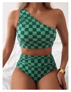 Green Plaid Bikini Set Women - Two Piece Bathing Suit Irregular Swimsuit - Sexy Beachwear for Vacation Summer - Halter Top & High Waist Bottom