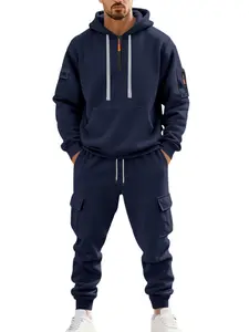 Men's Fall Winter Outfits Knit Fleece Hoodie and Cargo Pants Set, Kangaroo Pocket, Drawstring Design, Elastic Waist, Old Money Casual Trendy Must-Have