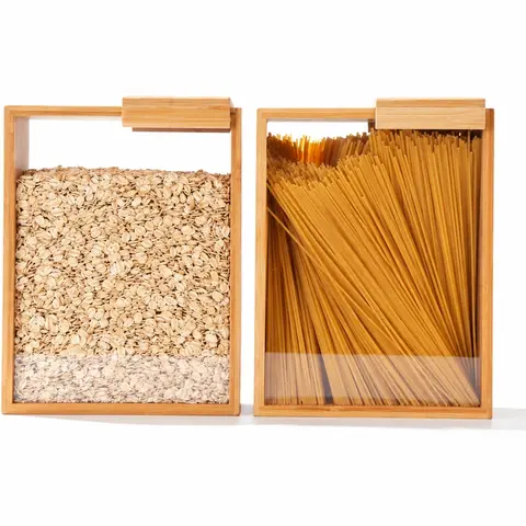 2-Pack Rectangular Acrylic Airtight Magnetic Food Storage Containers with Front-Open Snap-Close Lids, Bamboo-PVC Safe Kitchen Organization Gadgets, Anti-Leak Dustproof Food Storage Solutions (2L Each) for Rice, Cereal