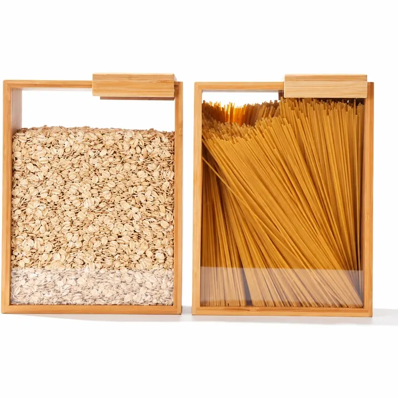 2-Pack Rectangular Acrylic Airtight Magnetic Food Storage Containers with Front-Open Snap-Close Lids, Bamboo-PVC Safe Kitchen Organization Gadgets, Anti-Leak Dustproof Food Storage Solutions (2L Each) for Rice, Cereal