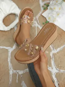 Women's Starfish Shell Decor Transparent Wedge Sandals, Summer Anti-Slip Breathable Outdoor One-Piece Slippers, Casual Heeled Flip Flops