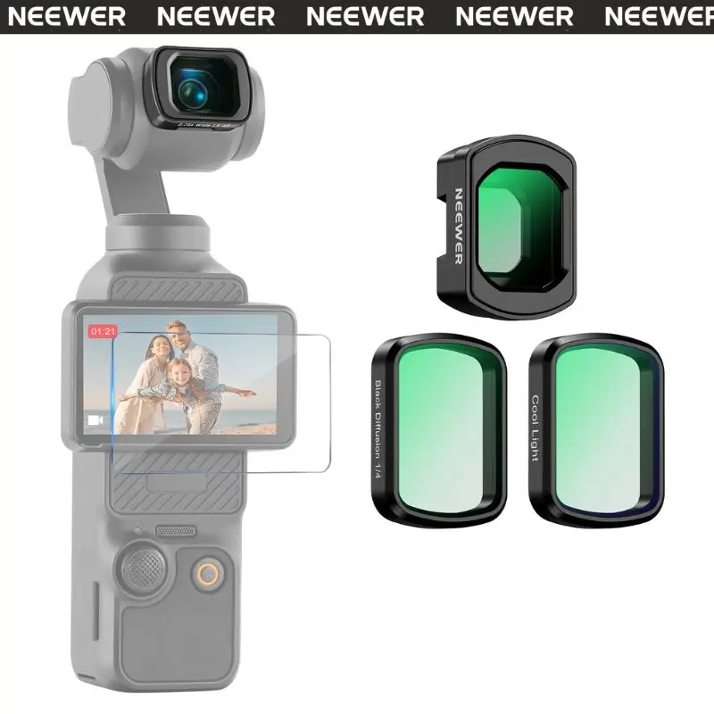 NEEWER FL-C84 Lens Filter Set for DJI Osmo Pocket 3/4/Xtra Muse Gimbal, 0.75x Wide Angle Lens, Black Diffusion 1/4, LPR Filter, Screen Protector, Photography Equipment for Influencer Filming & YouTube Action Camera Accessories, Expansive Field Of View
