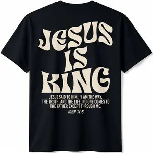 Jesus Is King God Religious [100% Cotton] T-Shirt/Washed Cotton Tee for adult kids boy graphic Tees shirts funny vintage fashion Short Sleeve tops vacation outfits clothing