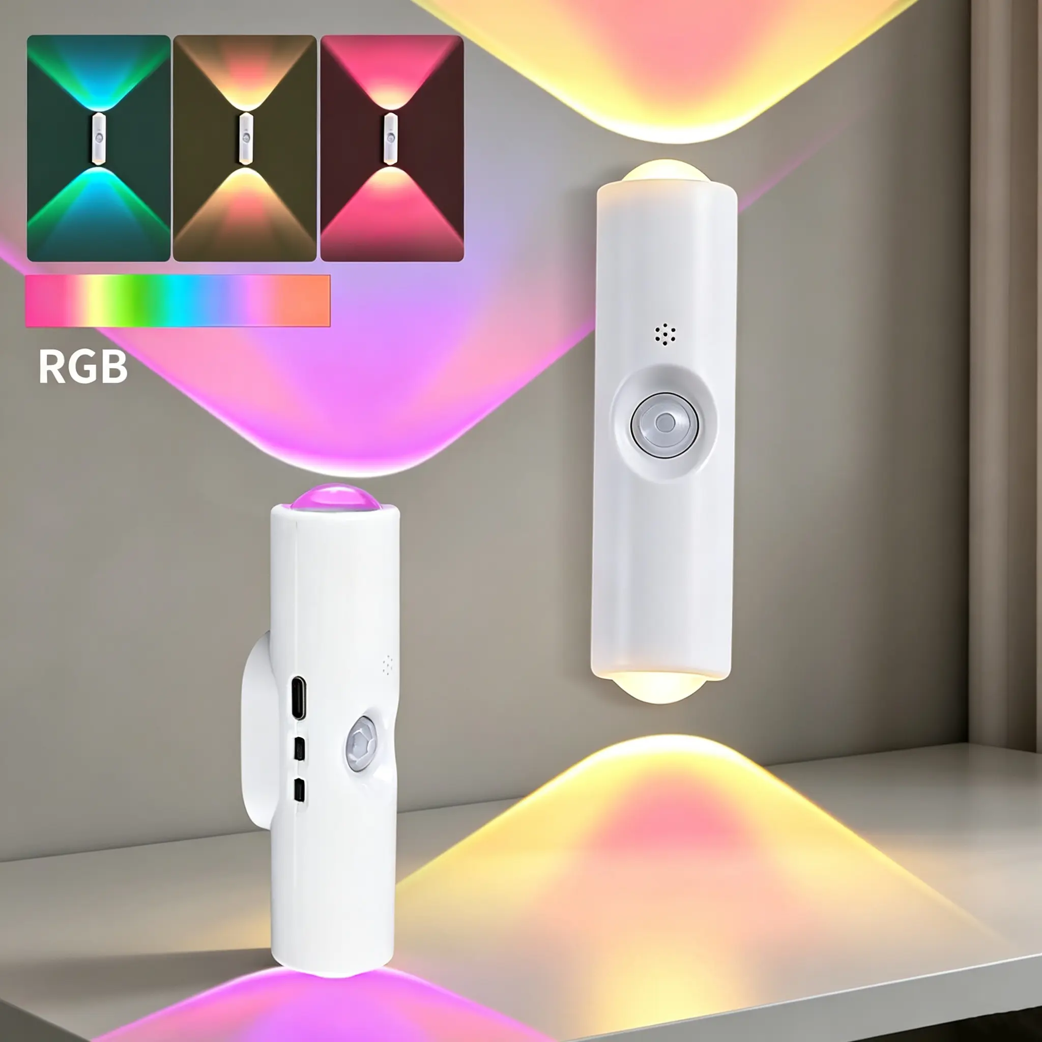 2 Pack RGB Motion Sensor Wall Light, Rechargeable Wireless Night Light with Up and Down Illumination, Stick on Wall Sconce Lamp, Color Changing Magnetic Ambient Accent Lighting for Hallway, Stairs, Bedroom