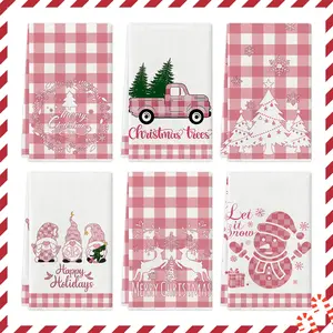 4/6pcs pink Christmas towel set, featuring Santa Claus, dwarves, and Christmas tree printed dishwashing tea towels, multifunctional cleaning towels, and Merry Christmas hand towels, suitable for kitchen and dining party home decoration, Decorative Towels