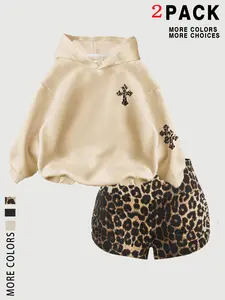 Women's Fashion Hooded Sweatshirt Set, Casual Loose-Fit Letter Print, Fall & Winter Thick Knit, Pocket Design, 2 Piece