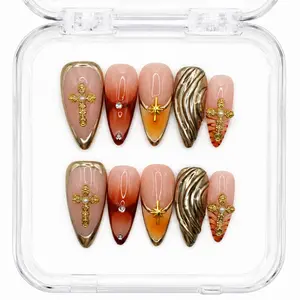 Believe — Nude Amber Ombré Stiletto Press-On Nails with 3D Gold Cross & Crystal Charms
