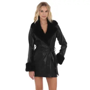 Faux Fur Leather Trench in Black