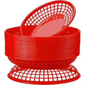 24 Pack Plastic Fast Food Serving Baskets Tray for Hot Dogs Chicken Burgers Sandwiches Fries (Red)