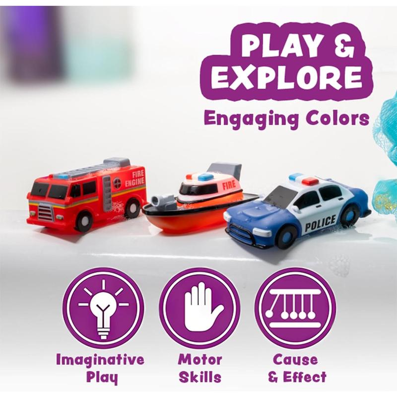 Emergency Cars Light Up Bath Toys, 6 Pack |   Water-Activated Light Up Toys Flash & Change Color |   Soft, Squeezable Baby & Toddler Bath Toys |   Sensory Toys with Bath Lights for Kids Bath