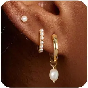 3 Pairs Stackable Gold Hoop Earrings Set for Women 14K Gold Plated Earring Stacks CZ Heart Pearl Rhombus Bow Four Leaf Star Huggie Earrings for Women Trendy Jewelry