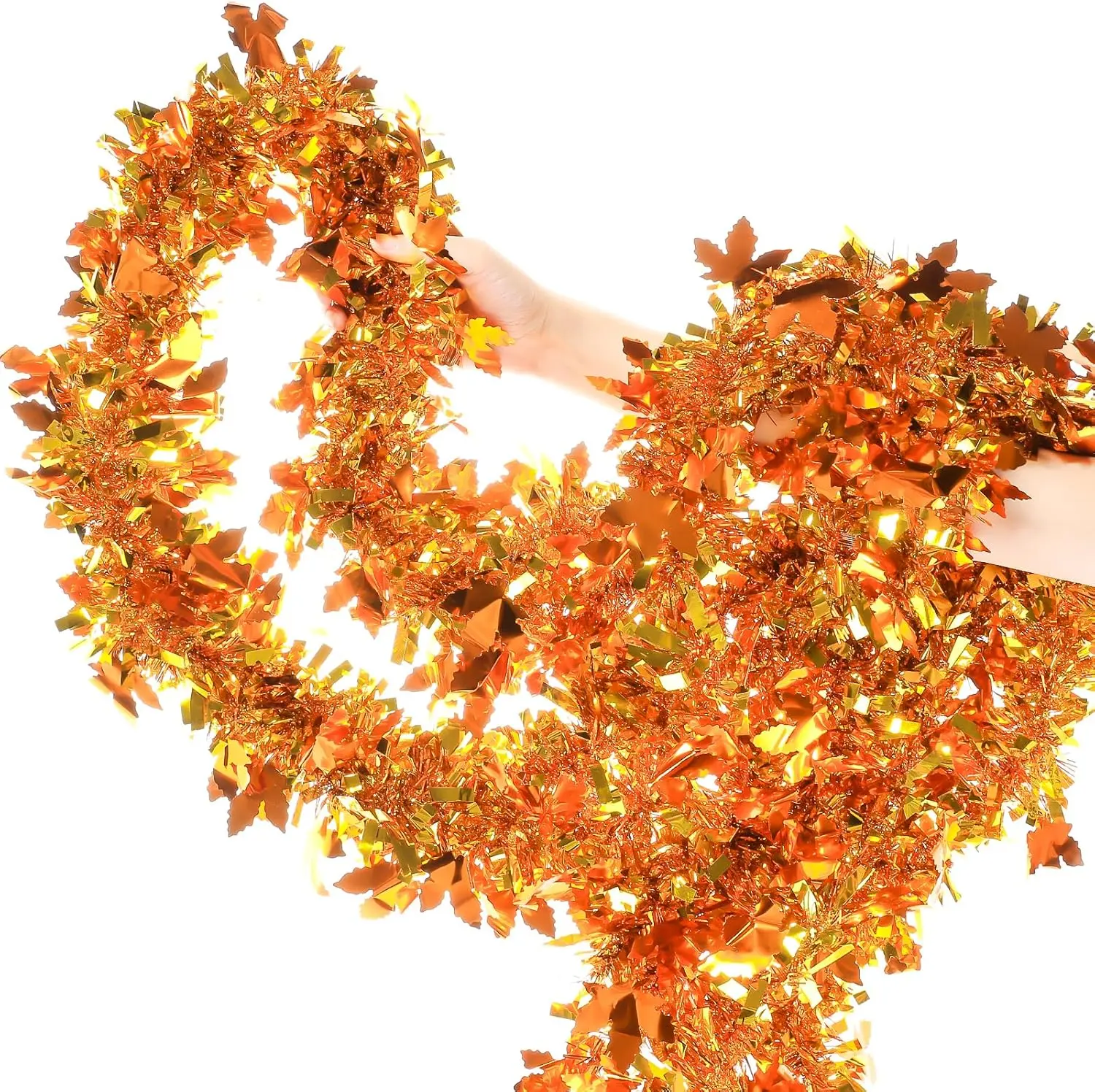 33ft Non-Slip Plastic Metallic Shiny Tinsel Garland Ornaments - 3.5in Width Golden Leaf LED Lights, Hanging Festive Supplies for Halloween, Christmas Home Decor (1 Pack), Maple Leaves, 3.5 Inches In Width