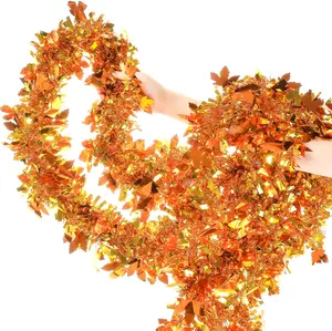 33Ft Shiny Metallic Twist Tinsel Garland Ornaments - Leaf-Shape Golden Maple Leaf Decor, Pack for Christmas, Thanksgiving, Halloween Aesthetic Hanging Decor (Home & Festive Supplies)