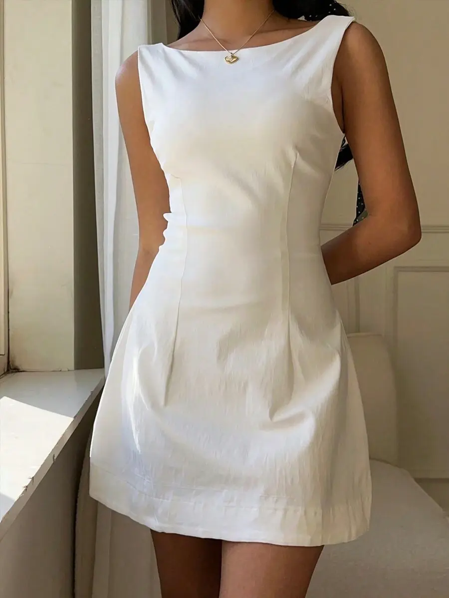 Women Summer Solid Zipper Front Casual Minimalist Elegant Versatile Jumper Dress White,Tea Party Garden Party Date Graduation Dress,Business Wedding