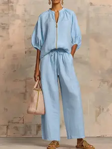 Women's Summer Casual Clothing Set, Short Sleeve Zipper Round Neck Top + Long Pants, Comfortable Soft Fabric, Loose Fit, Solid Color