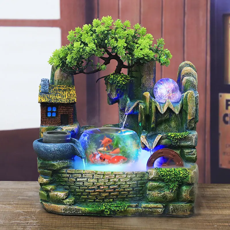 CNCEST Synthetic Poly Resin Artificial Latticework Miniature Tabletop Fountain Figurine - 30x20x36 cm Mini Rockery Garden Style, Feng Shui Wheel, Crystal Ball, Landscape Light for Study Desks, Home Office Decor (Fits TV Cabinets) That Adds Calm