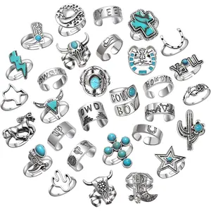 30Pcs Vintage Silver Knuckle Rings Set for Women Men Teen Girls, Western Cowgirl Cowboy Stackable Joint Finger Rings Retro Carved Stone Stacking Midi Adjustable Rings Bohemian Turquoise Boots Cross Cactus Cow Head Rings Pack