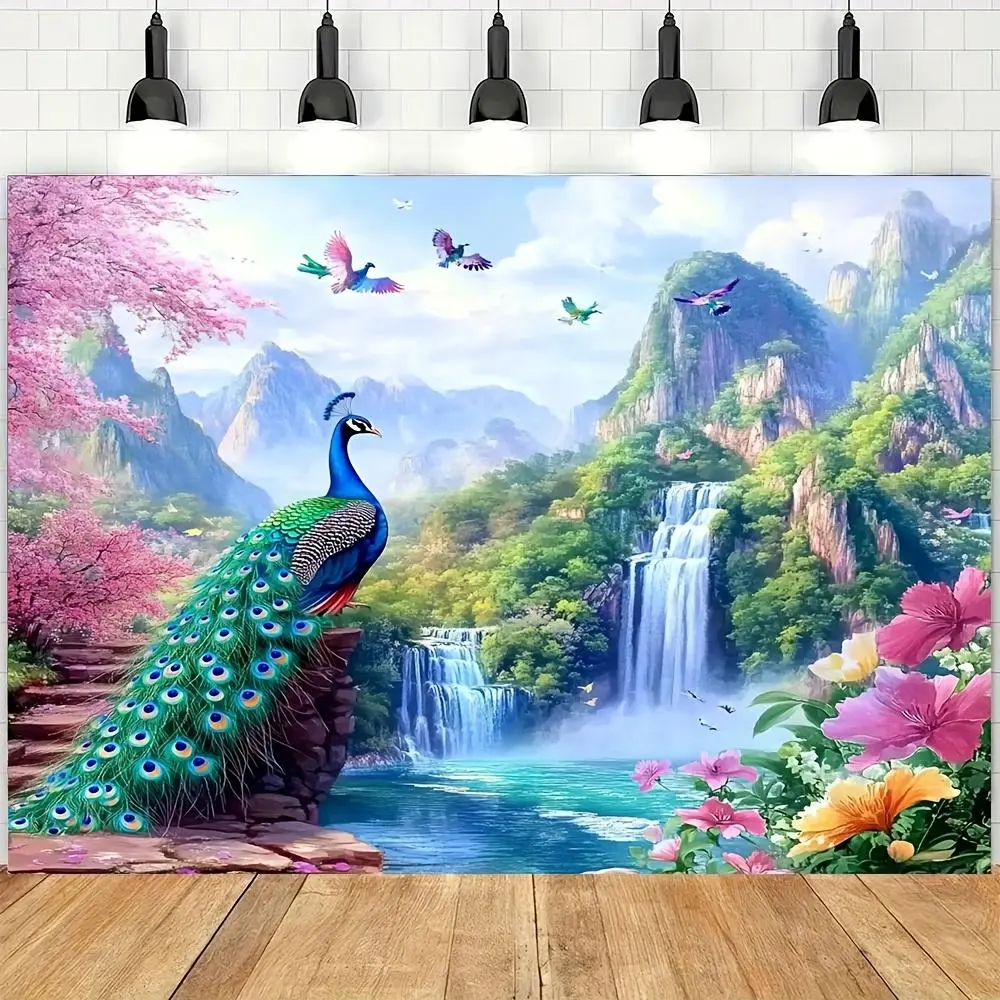 1pc Giant 2D Flat Nature Wonderland Peacock & Fish Pond Decor Tapestry - Durable Polyester, Vibrant Animal-Themed Backdrop with Rich Greenery, Flowers, Majestic Mountains, No Power Needed, Easy Hanging Wall Art for Happy Birthday, Summer Home Decor