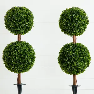 3’ UV Resistant Artificial Double Ball Boxwood Topiary with Integrated Ground Stake (Indoor/Outdoor) - Set of 2