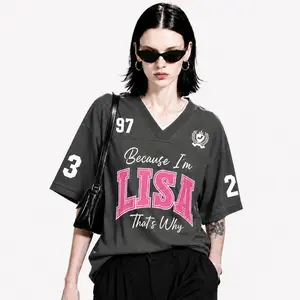Women's Lisa Printed Jersey Black V Neck Short Sleeve Shirt Jerseys Tees Tops