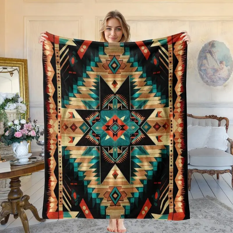 Bohemia Printed Soft Blanket Lightweight with Vintage Geometric Pattern in Red, Green, Orange, and Teal Ideal for Sofa or Bed, Bed Warmer Blanket,Decorative Throw