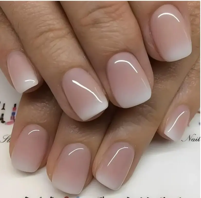 Short Square Press on Nails French Fake Nails Ombre Acrylic Nails Press on Full Cover Glossy False Nails Artificial Stick on Nail for Women Manicure Decoration 24PCS