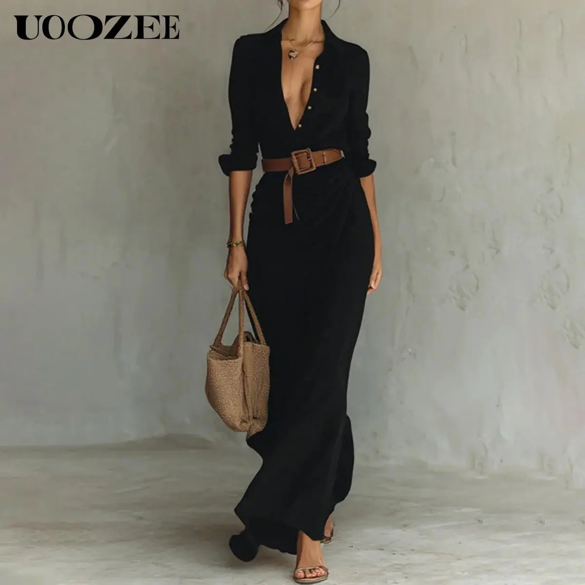 UOOZEE Women's Stretchable Soft Slim Spandex Collared Maxi Dress - Spring-Autumn Elegant Minimalist Vintage Solid Color, Belted Lapel Long Sleeves, High Waisted, Casual Office Fit (Sizing Runs Small - Check Size Guide or Order Larger), Polyester