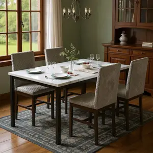 5-Piece Dining Table And Chair Sets, Mid-Century Modern Style Faux Marble Table Top Dining Room Table Set With 4 Diamond Stitching Upholstered Chairs, 4 Person Breakfast Dining Set With Sturdy Metal Frame For Small Spaces outdoorfun