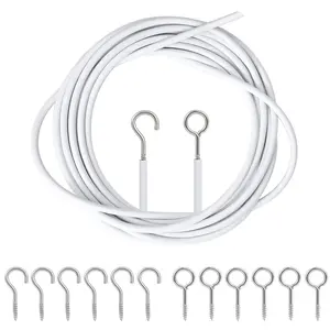 White Curtain Wire Plastic Coated Window Picture Hanging Wire with 8 Pairs of Screw Eyes and Hook 4 Meters